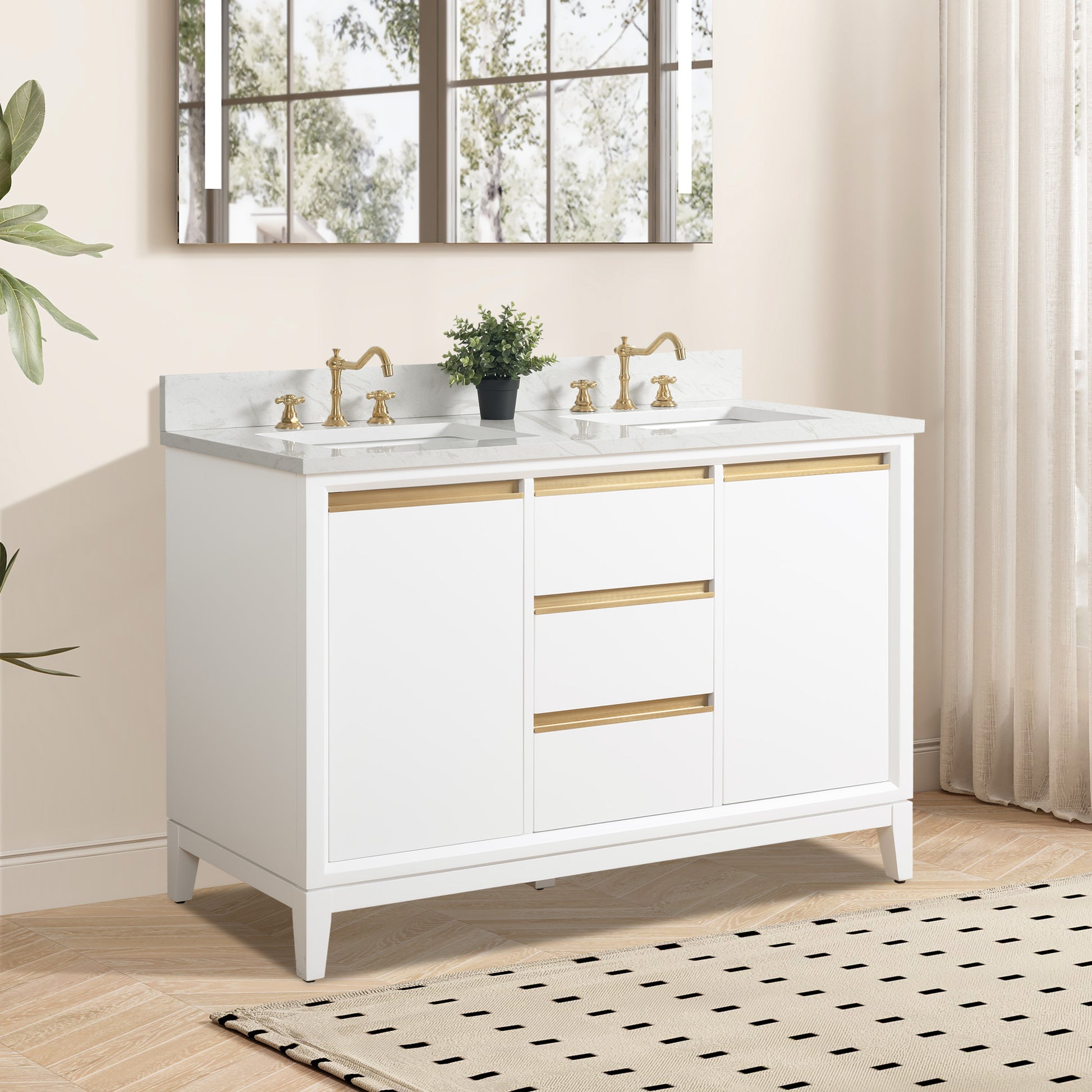54/60/72 Inch White Double Sink Bathroom Vanity with Marble Top