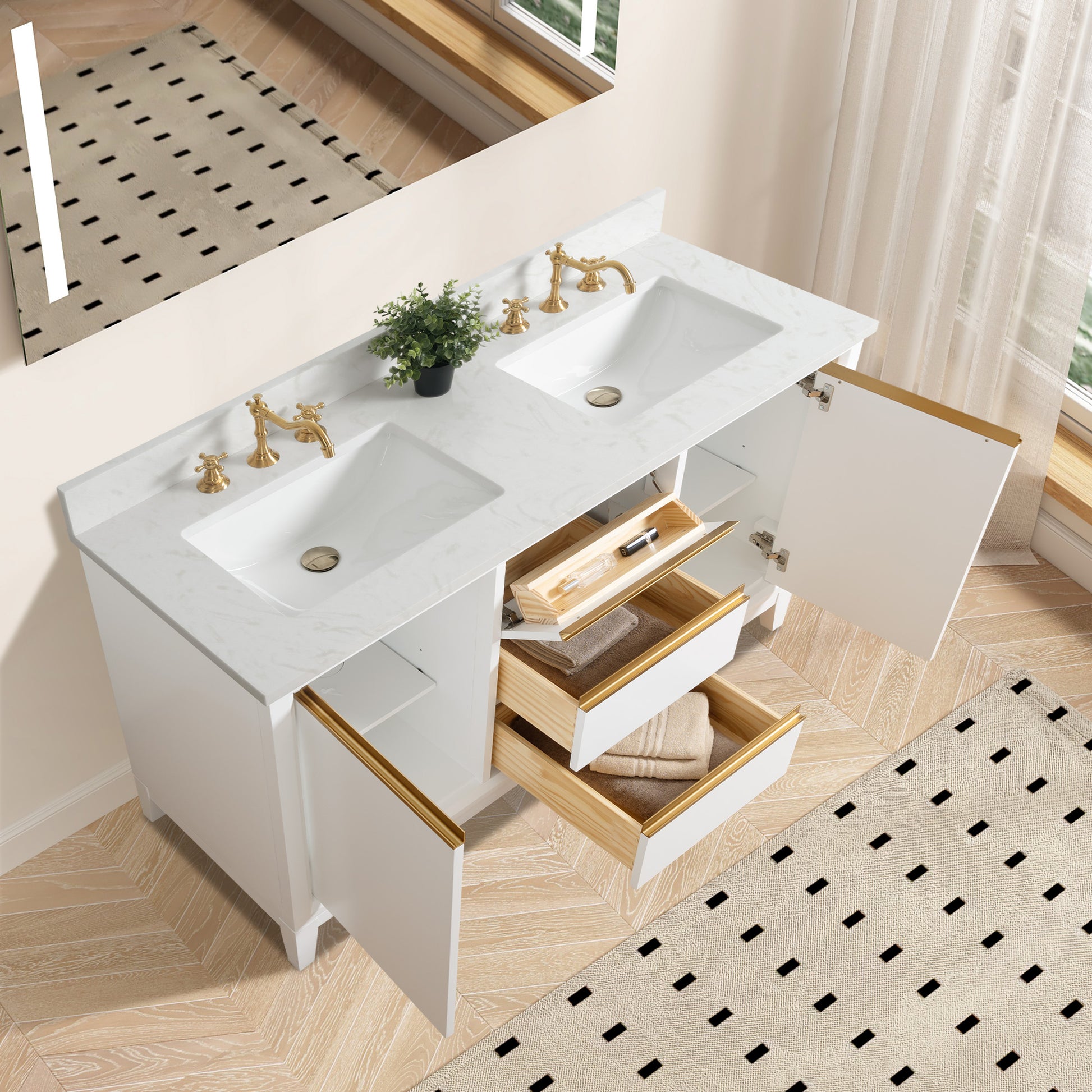 54/60/72 Inch White Double Sink Bathroom Vanity with Marble Top