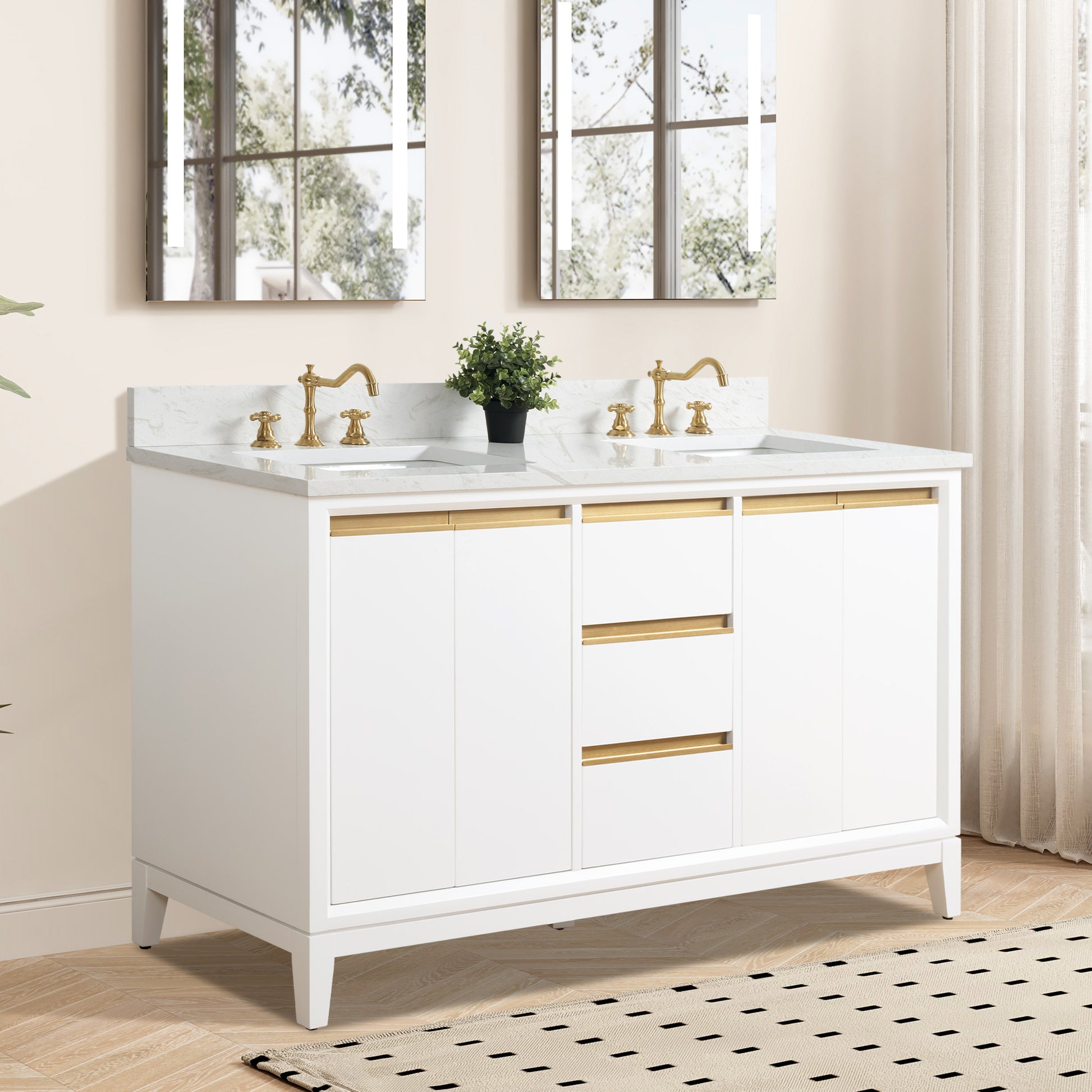 54/60/72 Inch White Double Sink Bathroom Vanity with Marble Top