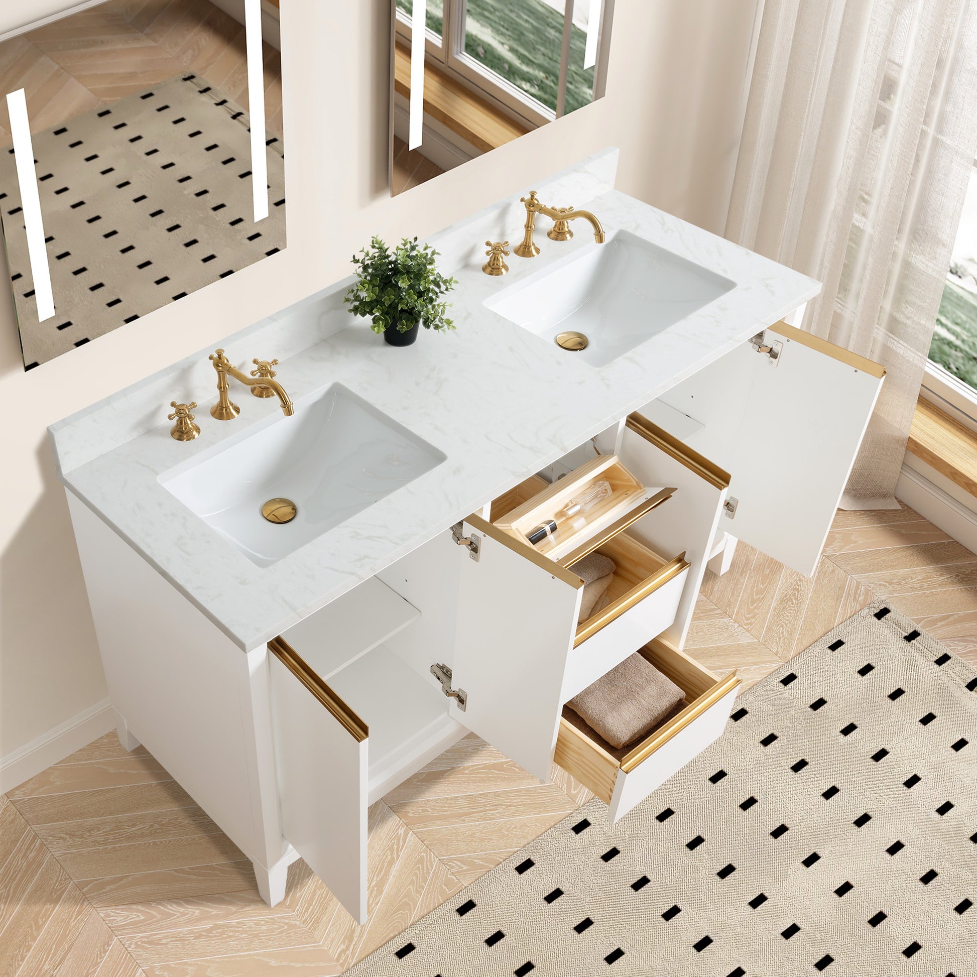54/60/72 Inch White Double Sink Bathroom Vanity with Marble Top