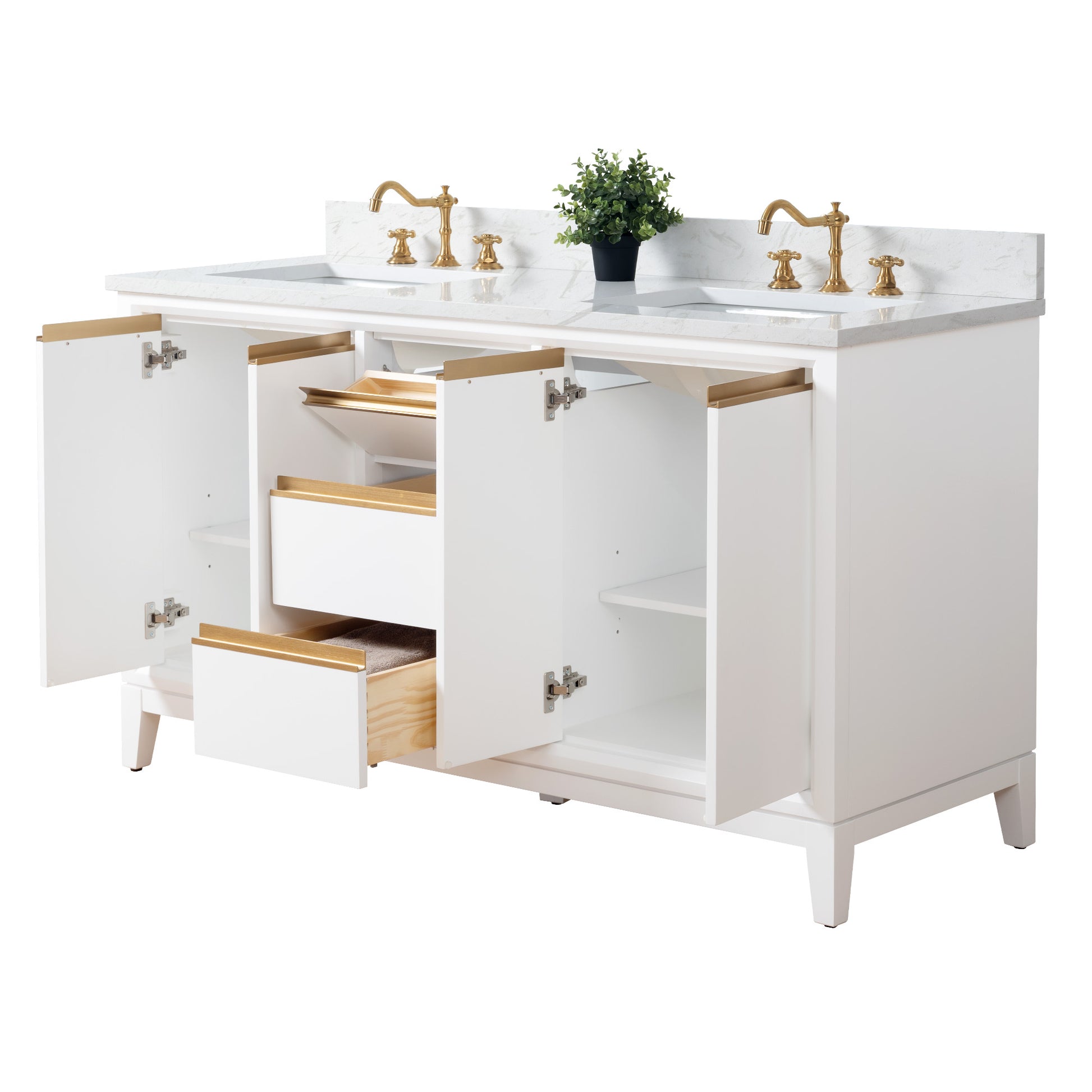 54/60/72 Inch White Double Sink Bathroom Vanity with Marble Top