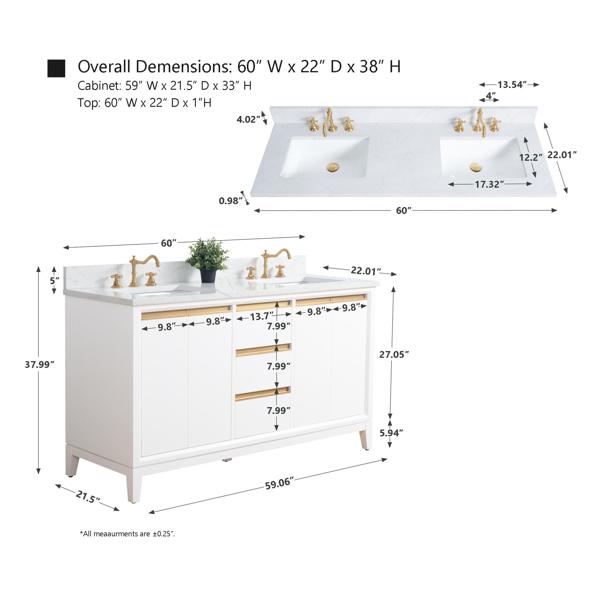 54/60/72 Inch White Double Sink Bathroom Vanity with Marble Top