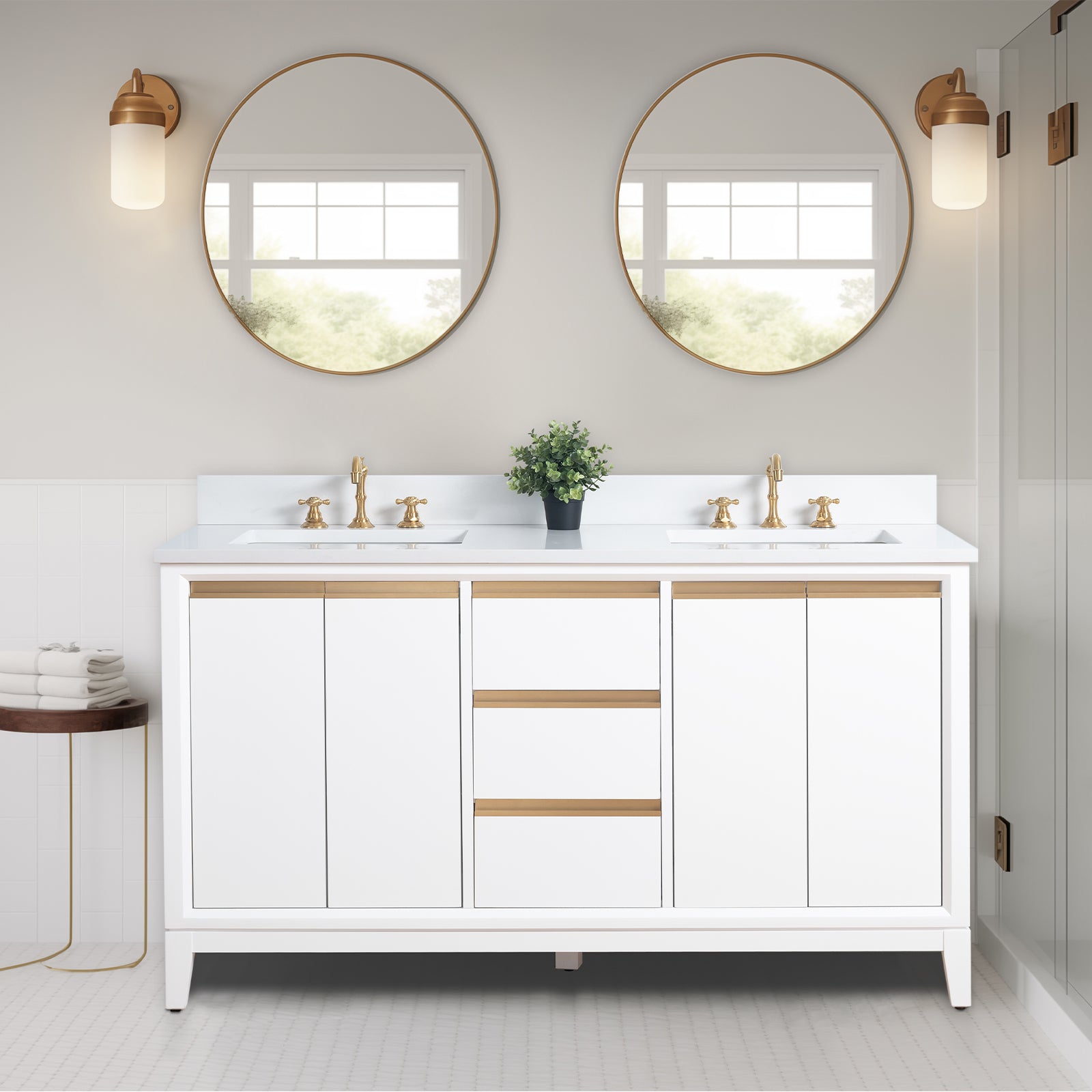 54/60/72 Inch White Double Sink Bathroom Vanity with Marble Top