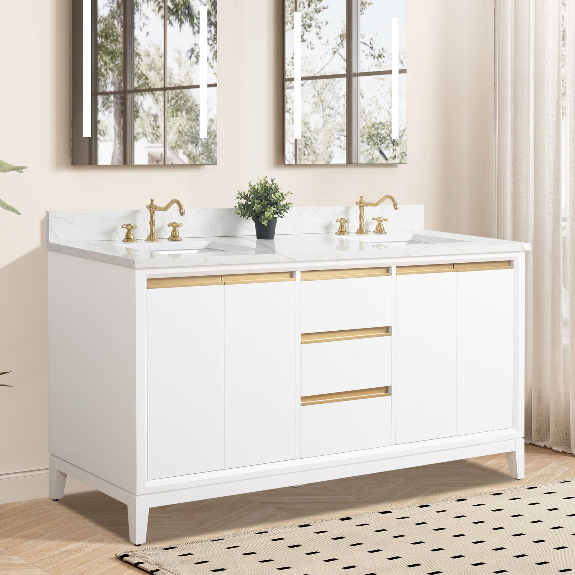 54/60/72 Inch White Double Sink Bathroom Vanity with Marble Top