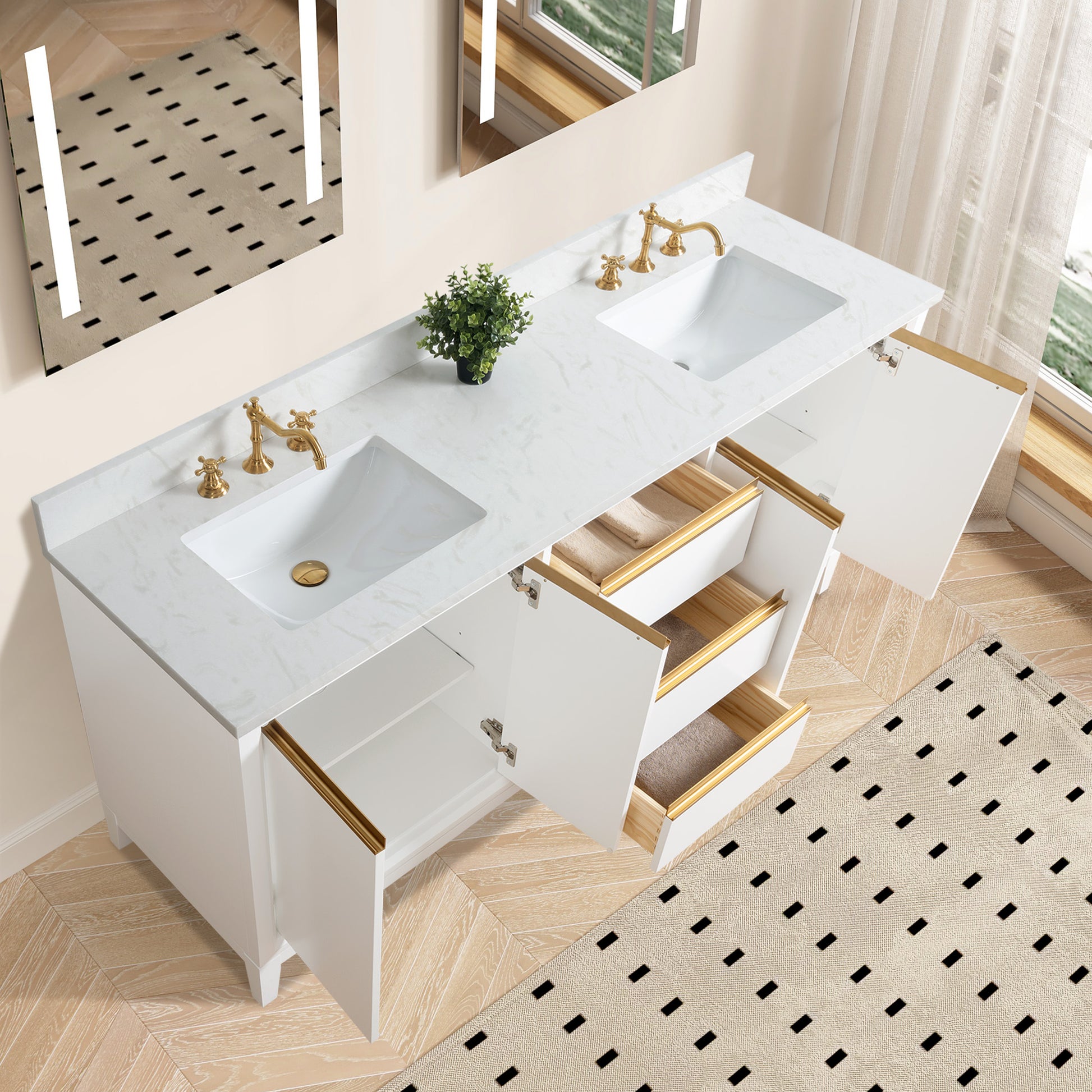 54/60/72 Inch White Double Sink Bathroom Vanity with Marble Top