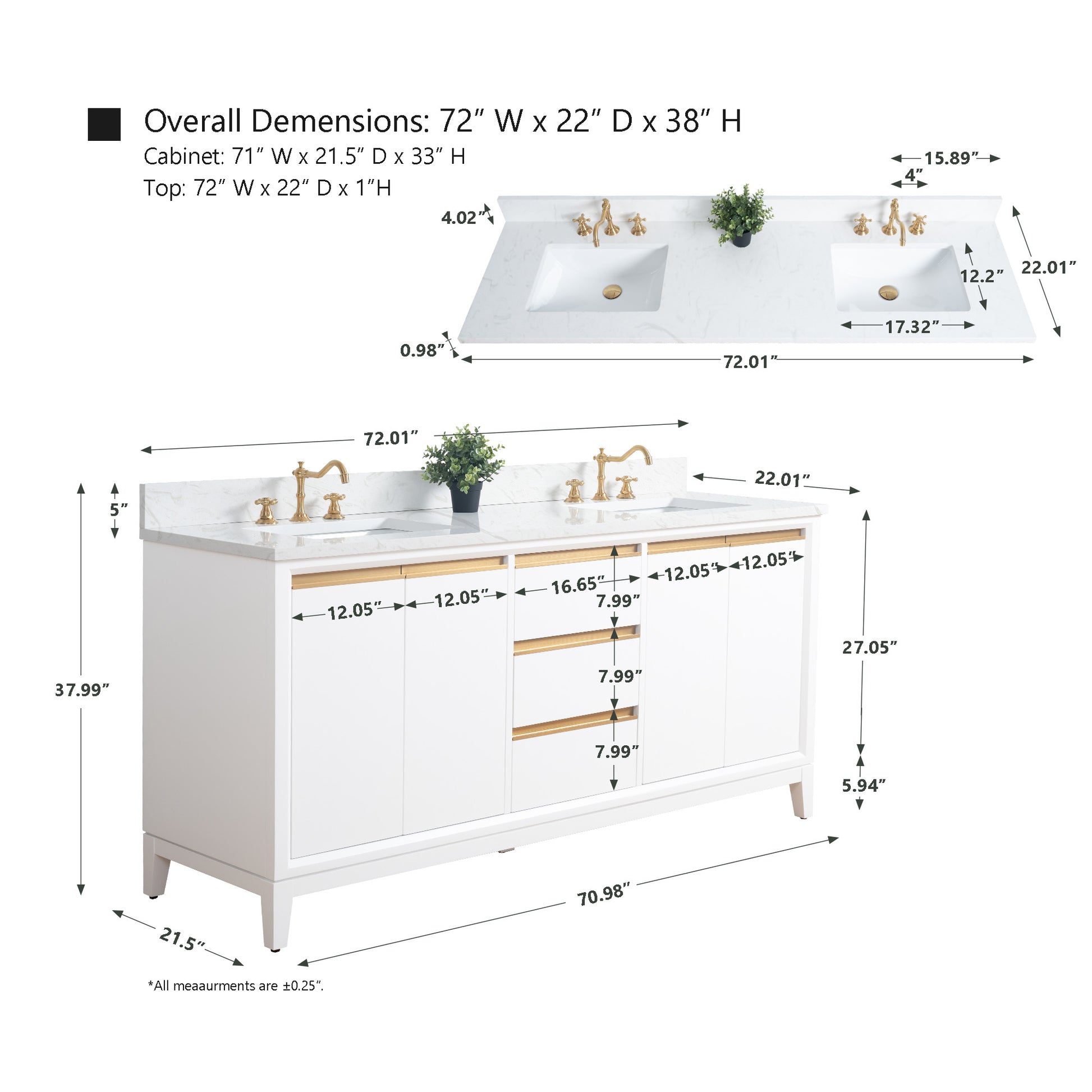 54/60/72 Inch White Double Sink Bathroom Vanity with Marble Top