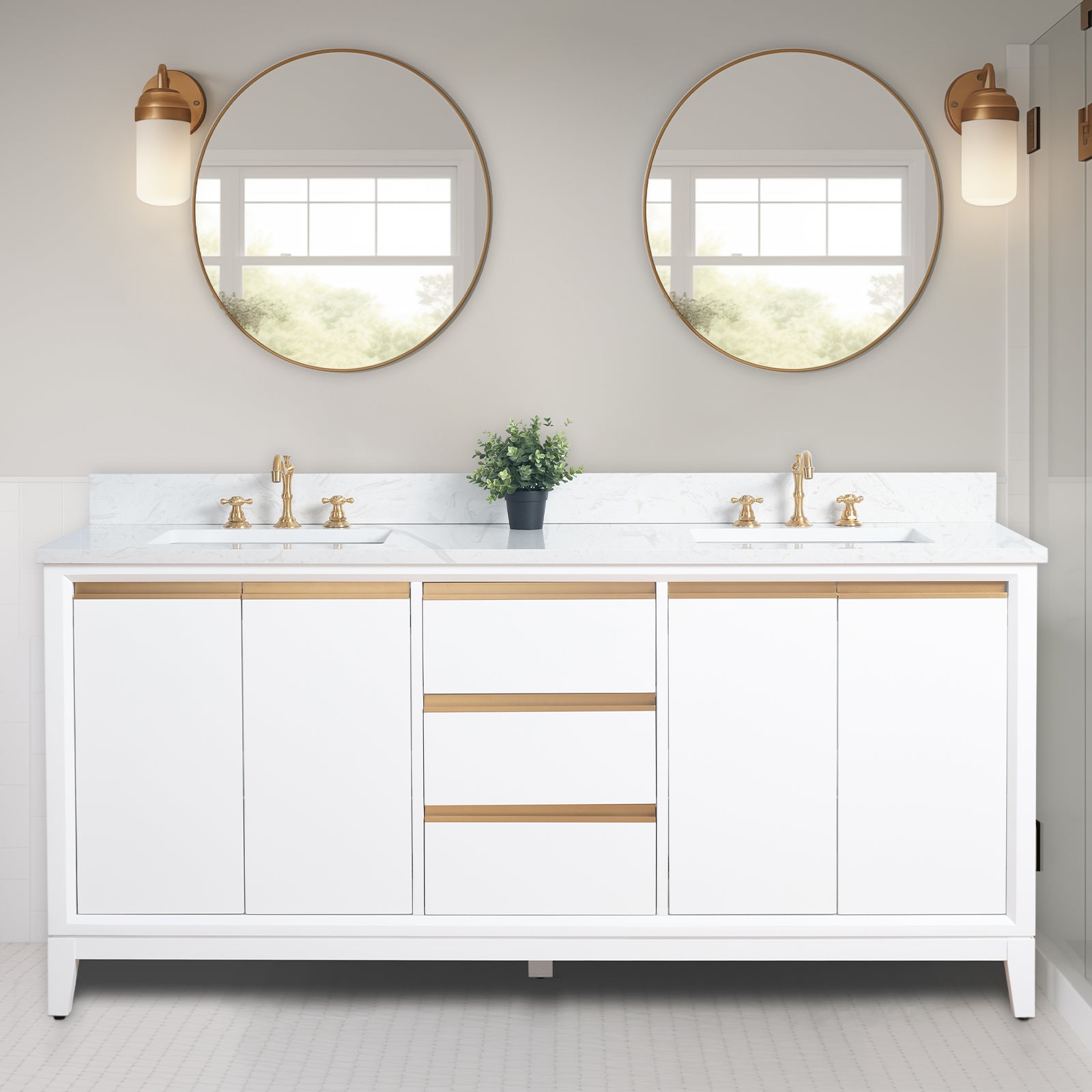 54/60/72 Inch White Double Sink Bathroom Vanity with Marble Top