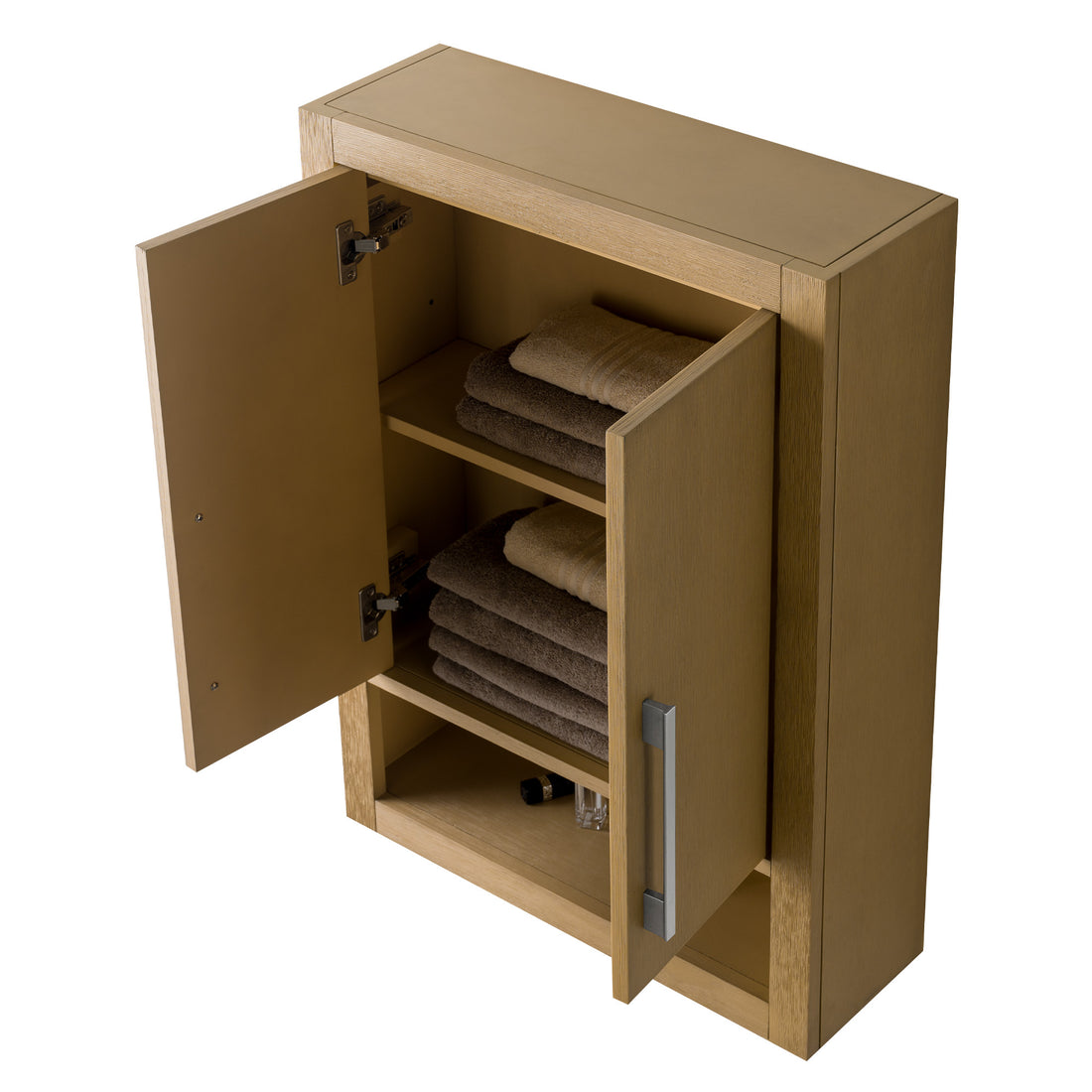 24 x 8 x 33 Inches Bathroom Storage Wall Cabinet in Natural Oak with brushed nickle handle