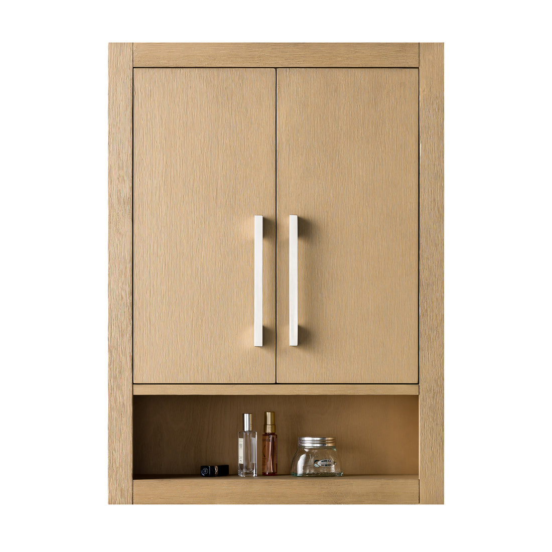 24 x 8 x 33 Inches Bathroom Storage Wall Cabinet in Natural Oak with brushed nickle handle