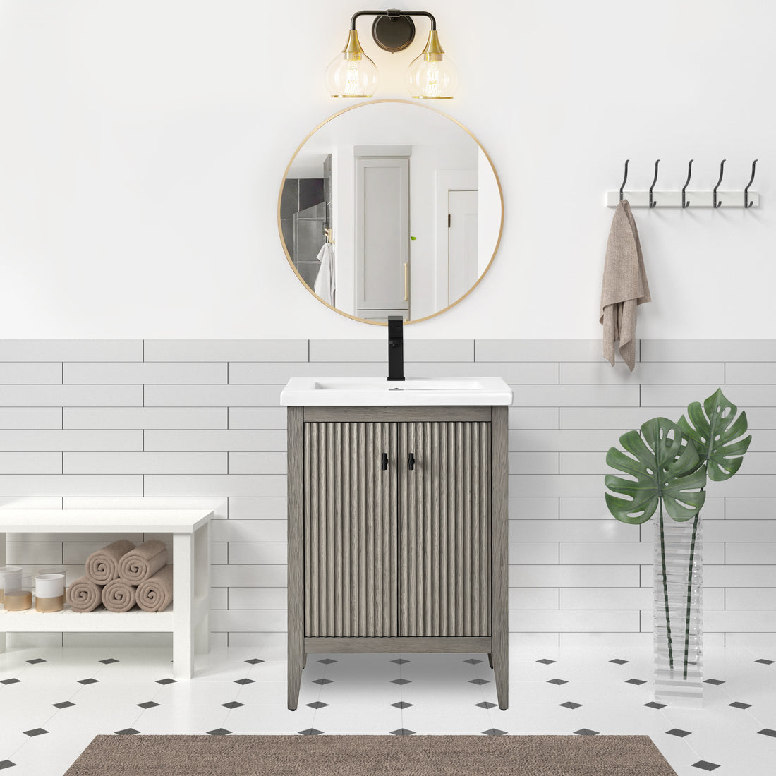 VanityArt 24-inch gray two-door freestanding bathroom vanity with white sink, black faucet, front view in bathroom