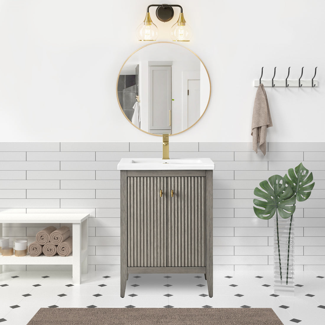 VanityArt 24-inch gray reeded bathroom vanity with double doors, white ceramic sink, brushed gold faucet, lifestyle setting