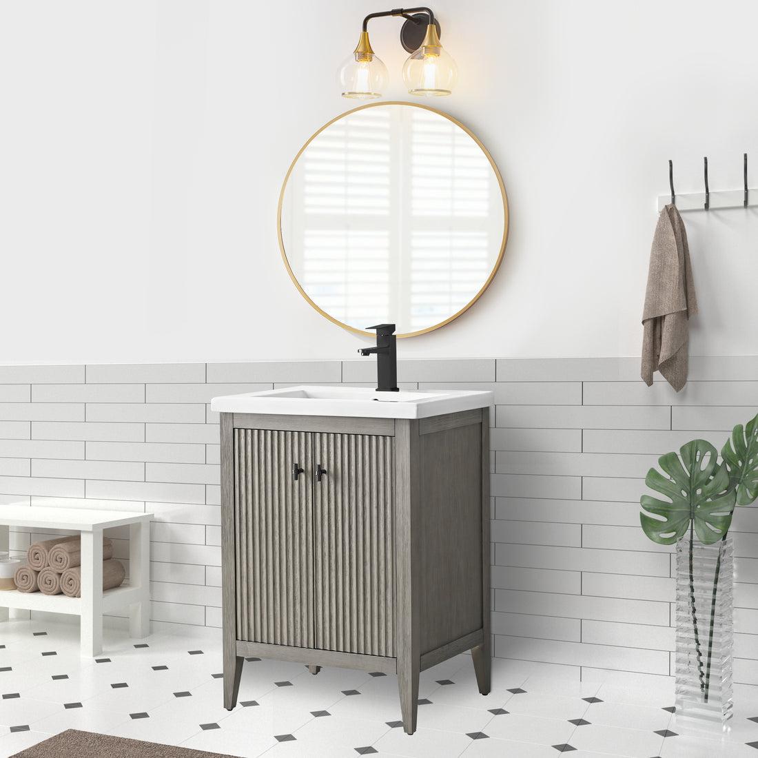 VanityArt 24-inch gray two-door freestanding bathroom vanity with white sink, black faucet, front view in bathroom