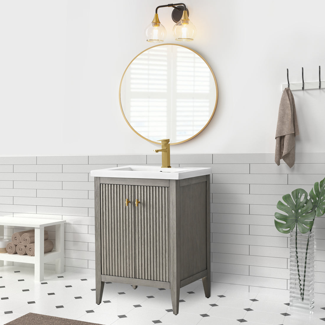 VanityArt 24-inch gray reeded bathroom vanity with double doors, white ceramic sink, brushed gold faucet, lifestyle setting