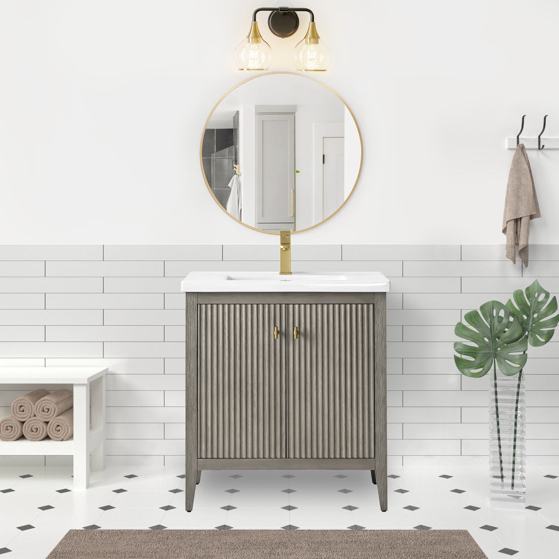 VanityArt 30-inch gray fluted bathroom vanity with double doors, white ceramic sink, gold faucet in bright bathroom setting