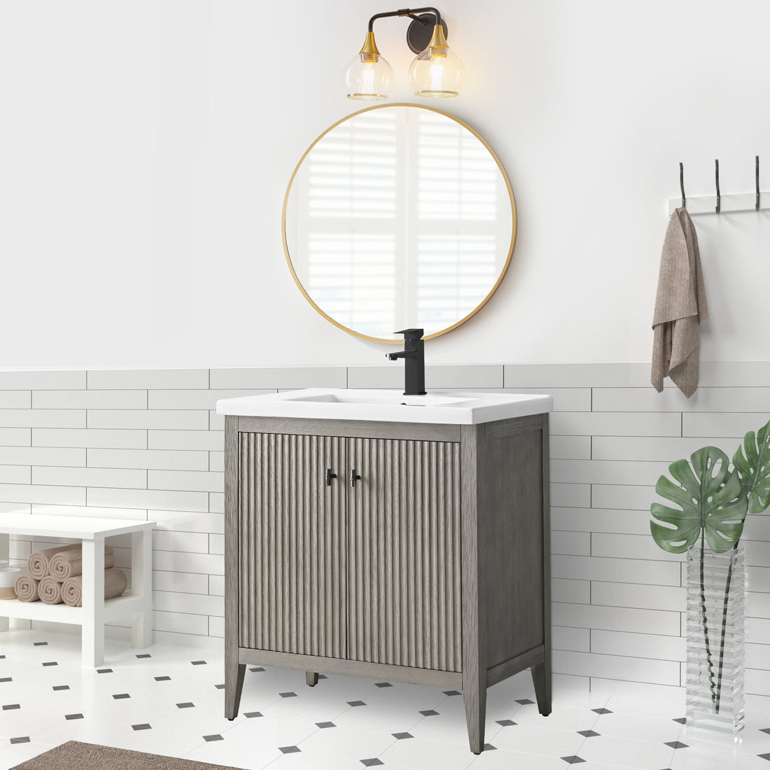 VanityArt 30-inch gray two-door freestanding bathroom vanity with white sink and black faucet, front room view