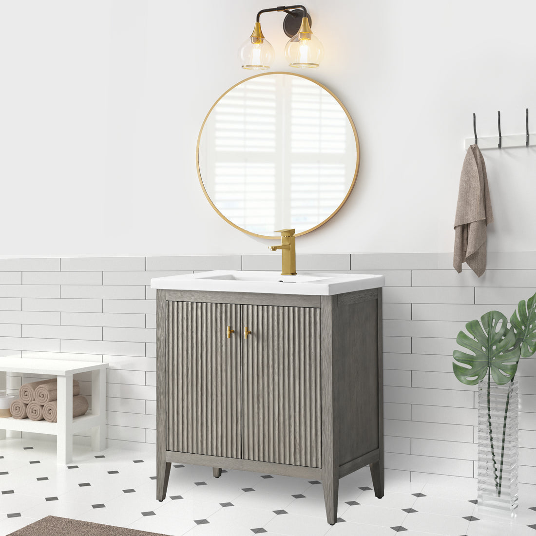 VanityArt 30-inch gray fluted bathroom vanity with double doors, white ceramic sink, gold faucet in bright bathroom setting