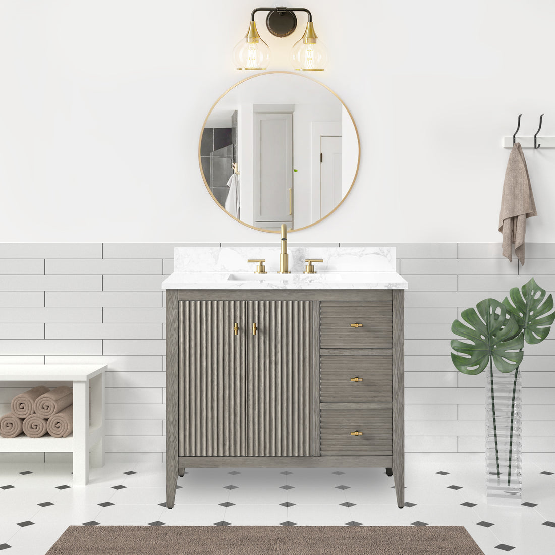 VanityArt 36-inch gray reeded bathroom vanity with two doors and three drawers, marble top, gold faucet, lifestyle setting