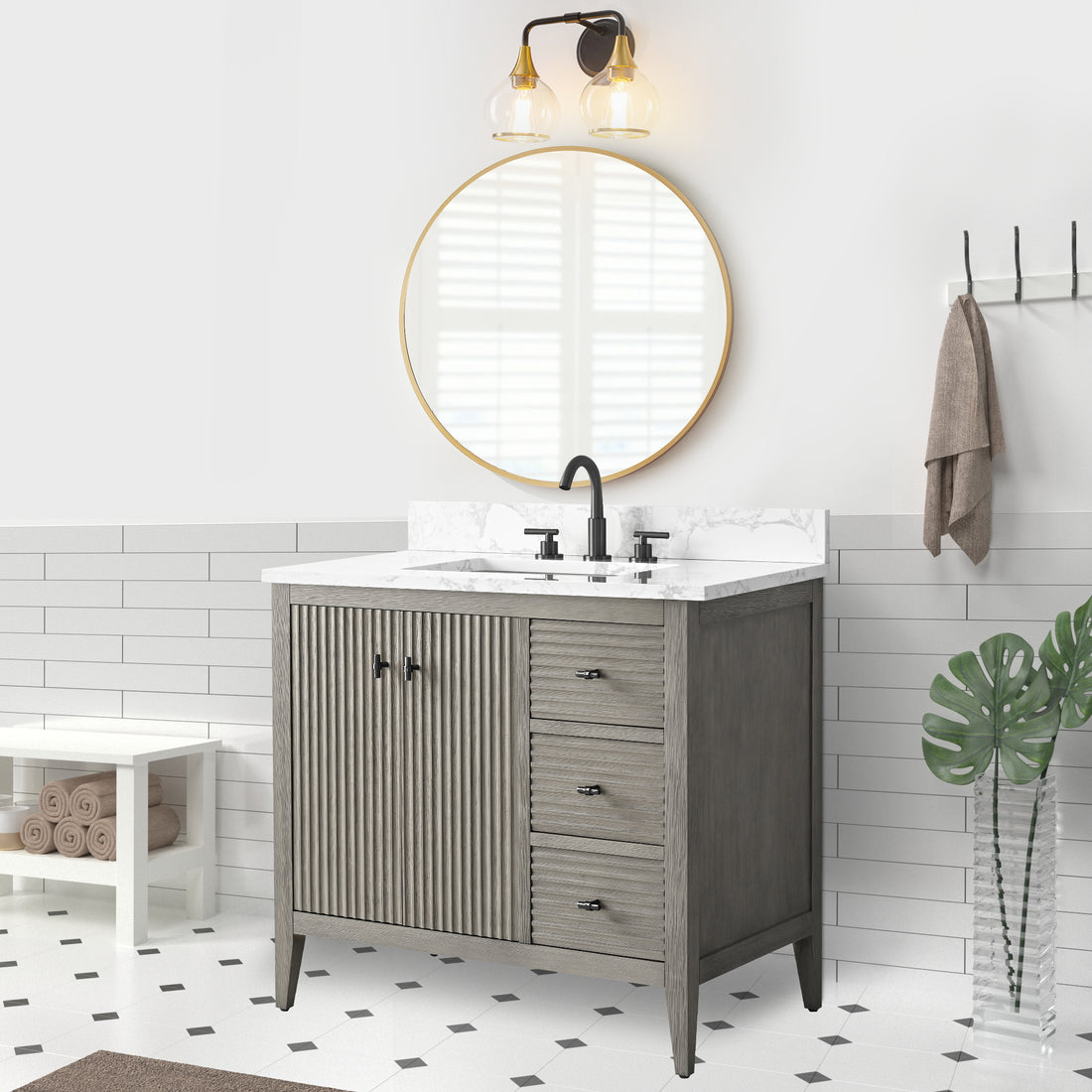 VanityArt 36-inch gray bathroom vanity with marble top, two doors, three side drawers, black faucet, front view