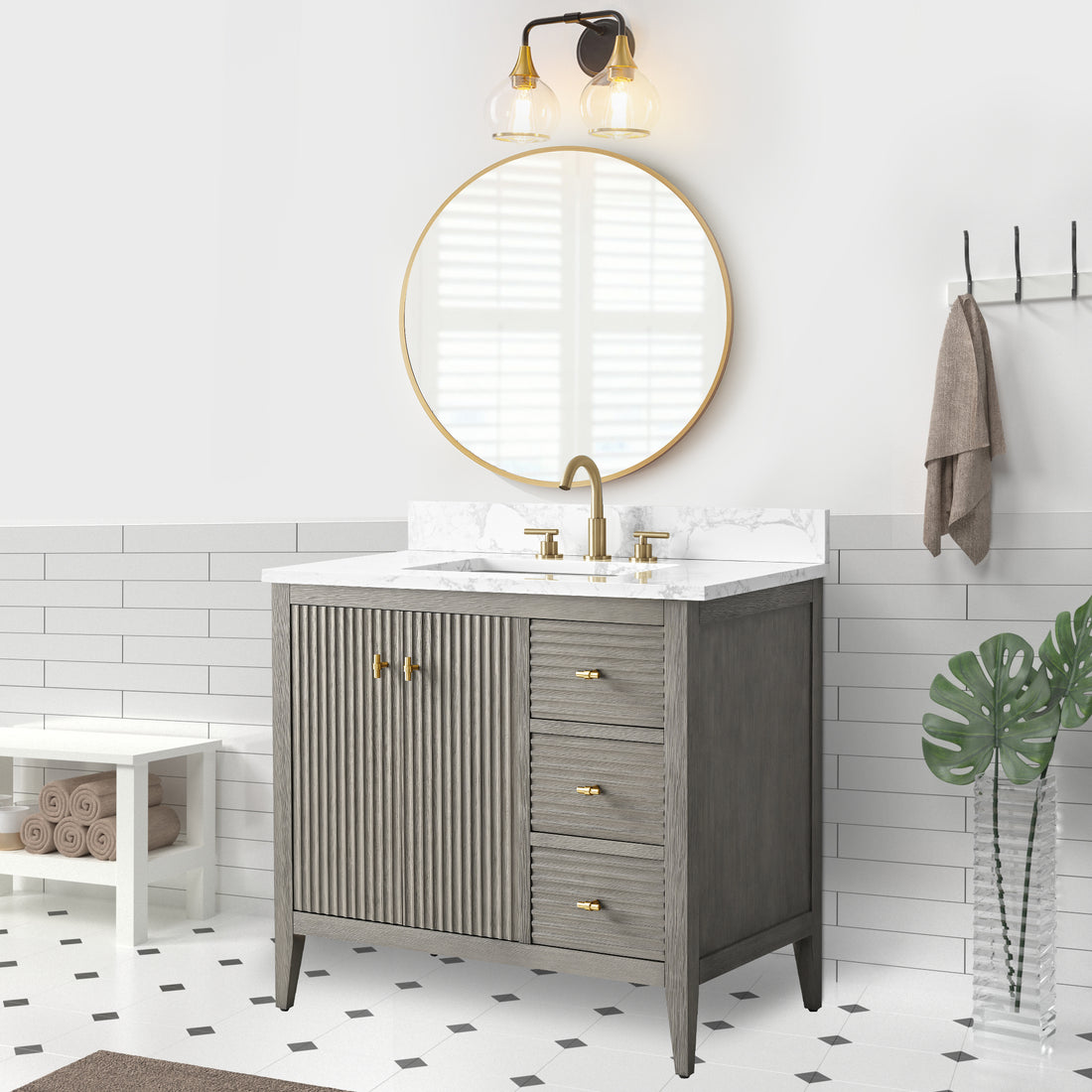 VanityArt 36-inch gray reeded bathroom vanity with two doors and three drawers, marble top, gold faucet, lifestyle setting