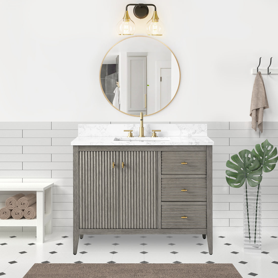 VanityArt 42-inch gray reeded bathroom vanity with two doors and three drawers, marble top, gold faucet, lifestyle setting