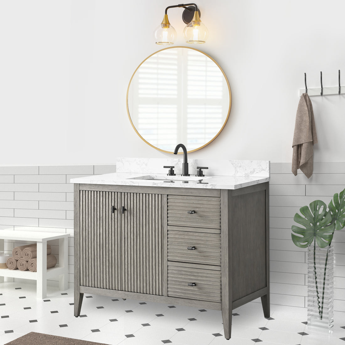 VanityArt 42-inch gray freestanding bathroom vanity with marble top, two doors left, three drawers right, front view