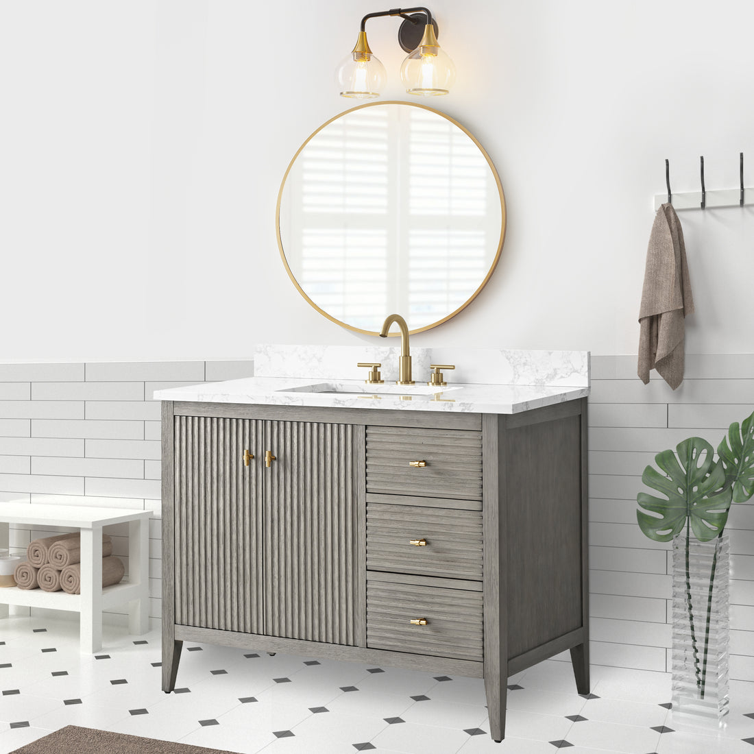 VanityArt 42-inch gray reeded bathroom vanity with two doors and three drawers, marble top, gold faucet, lifestyle setting