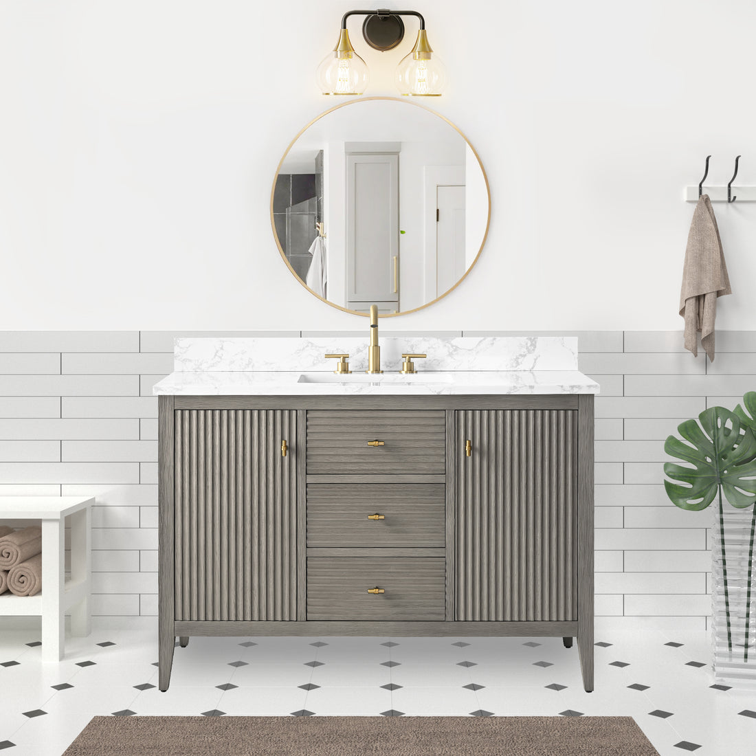 VanityArt 48-inch gray reeded bathroom vanity with center drawers and side doors, marble top, gold widespread faucet
