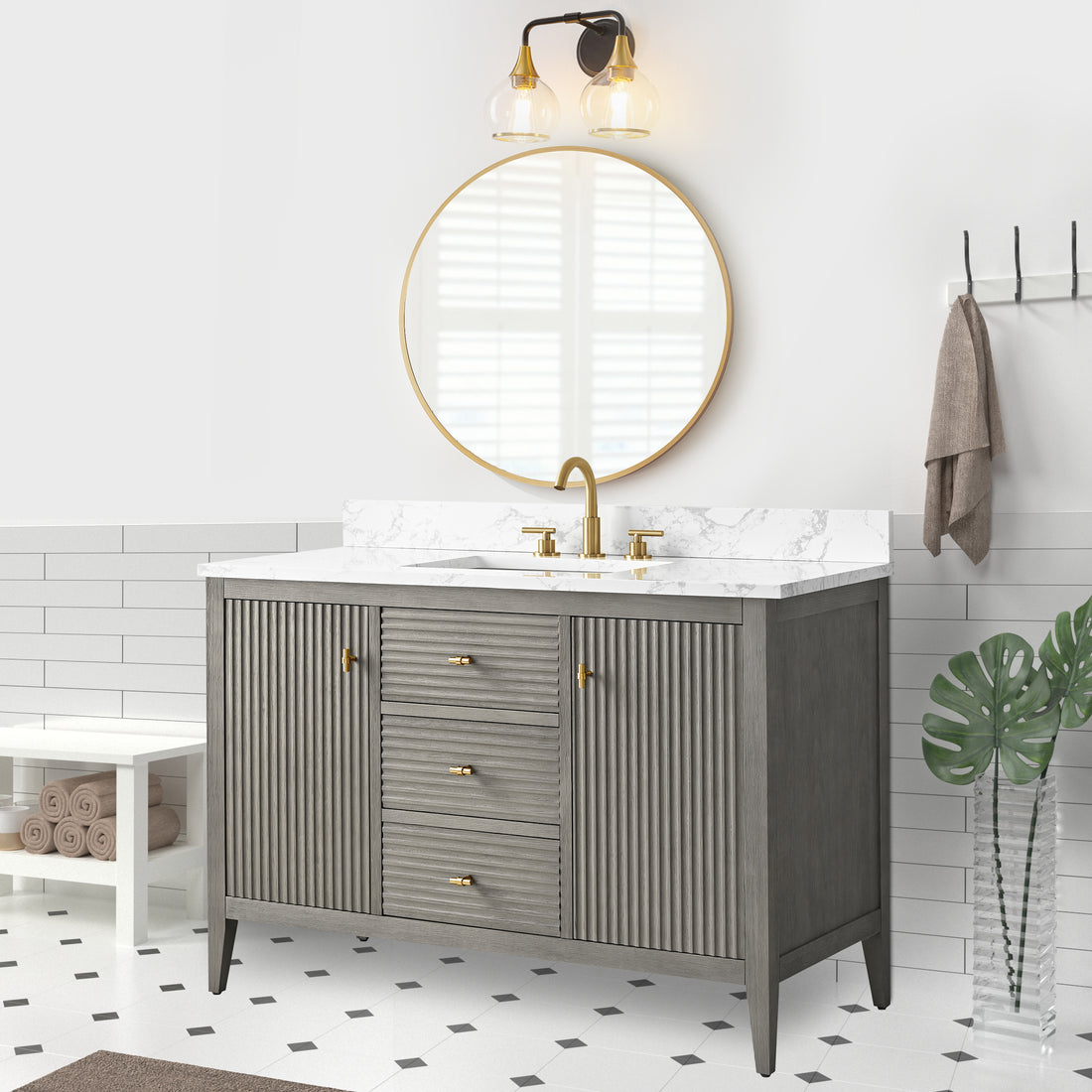 VanityArt 48-inch gray reeded bathroom vanity with center drawers and side doors, marble top, gold widespread faucet