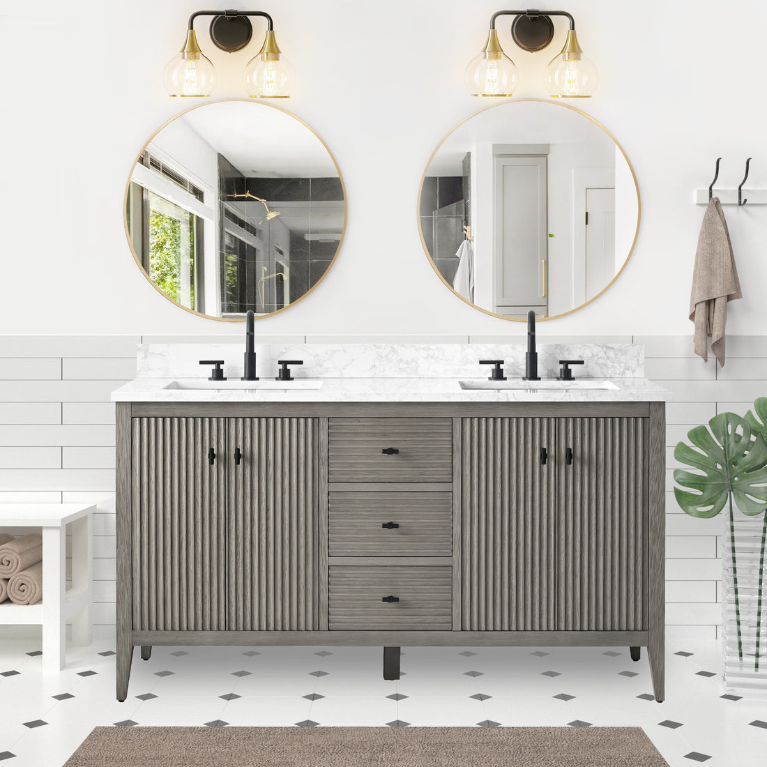 VanityArt 60-inch gray double-sink freestanding bathroom vanity with marble top, four doors, center drawers, front view