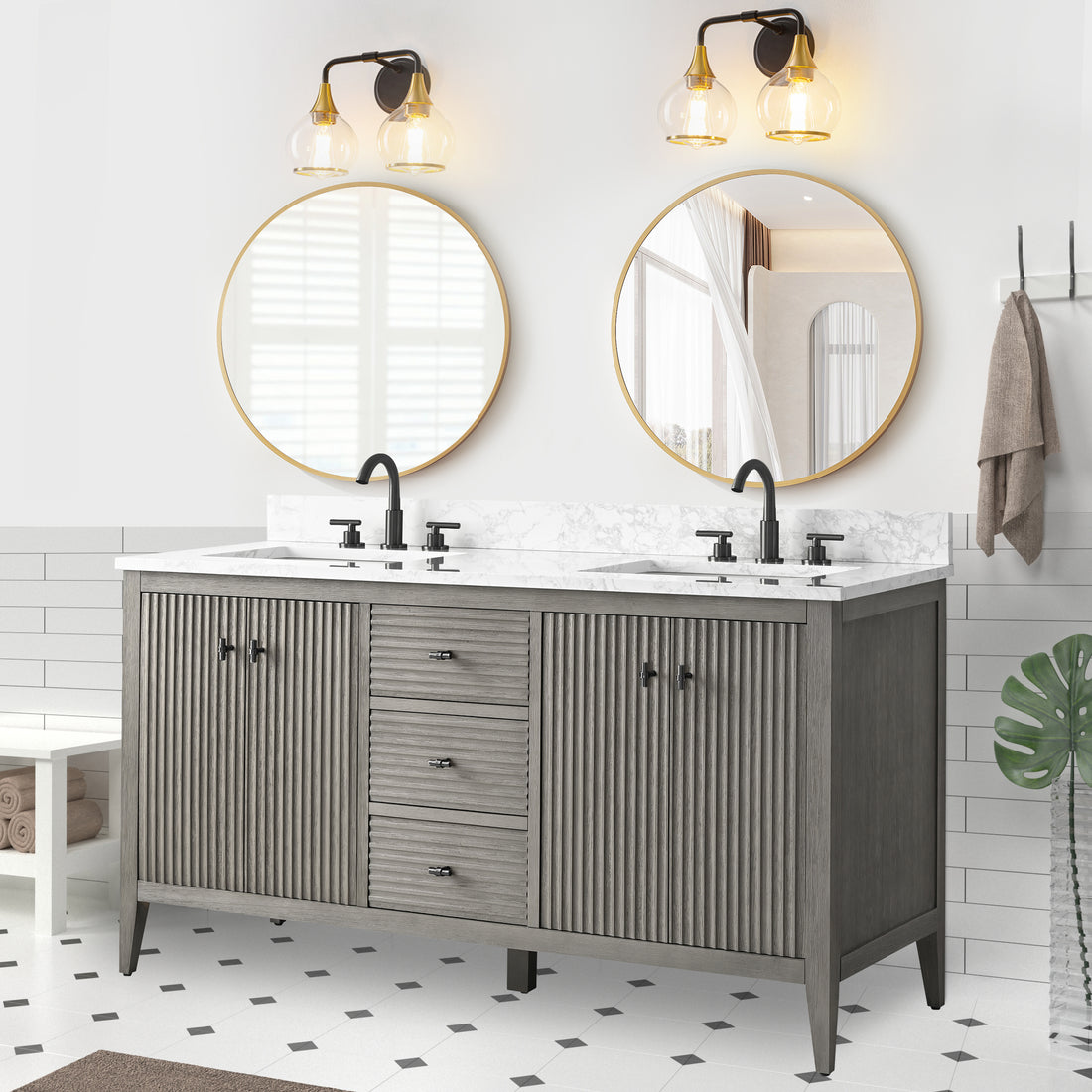 VanityArt 60-inch gray double-sink freestanding bathroom vanity with marble top, four doors, center drawers, front view