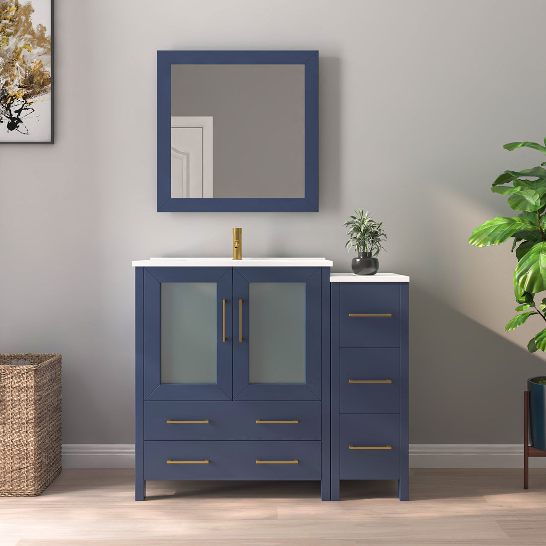 VanityArt 42-inch navy blue bathroom vanity with side tower cabinet, gold hardware, white ceramic top, and wall mirror