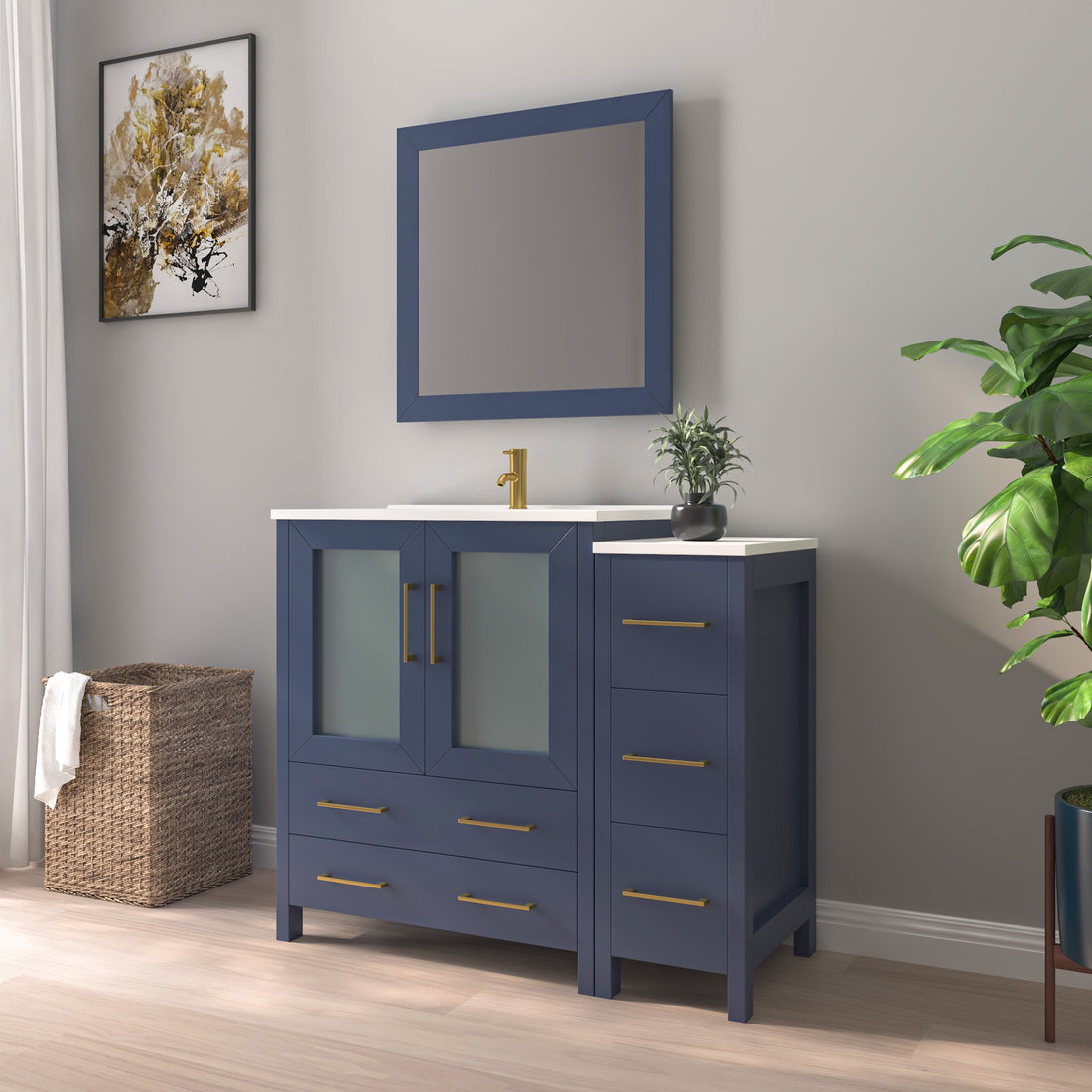 VanityArt 42-inch navy blue bathroom vanity with side tower cabinet, gold hardware, white ceramic top, and wall mirror