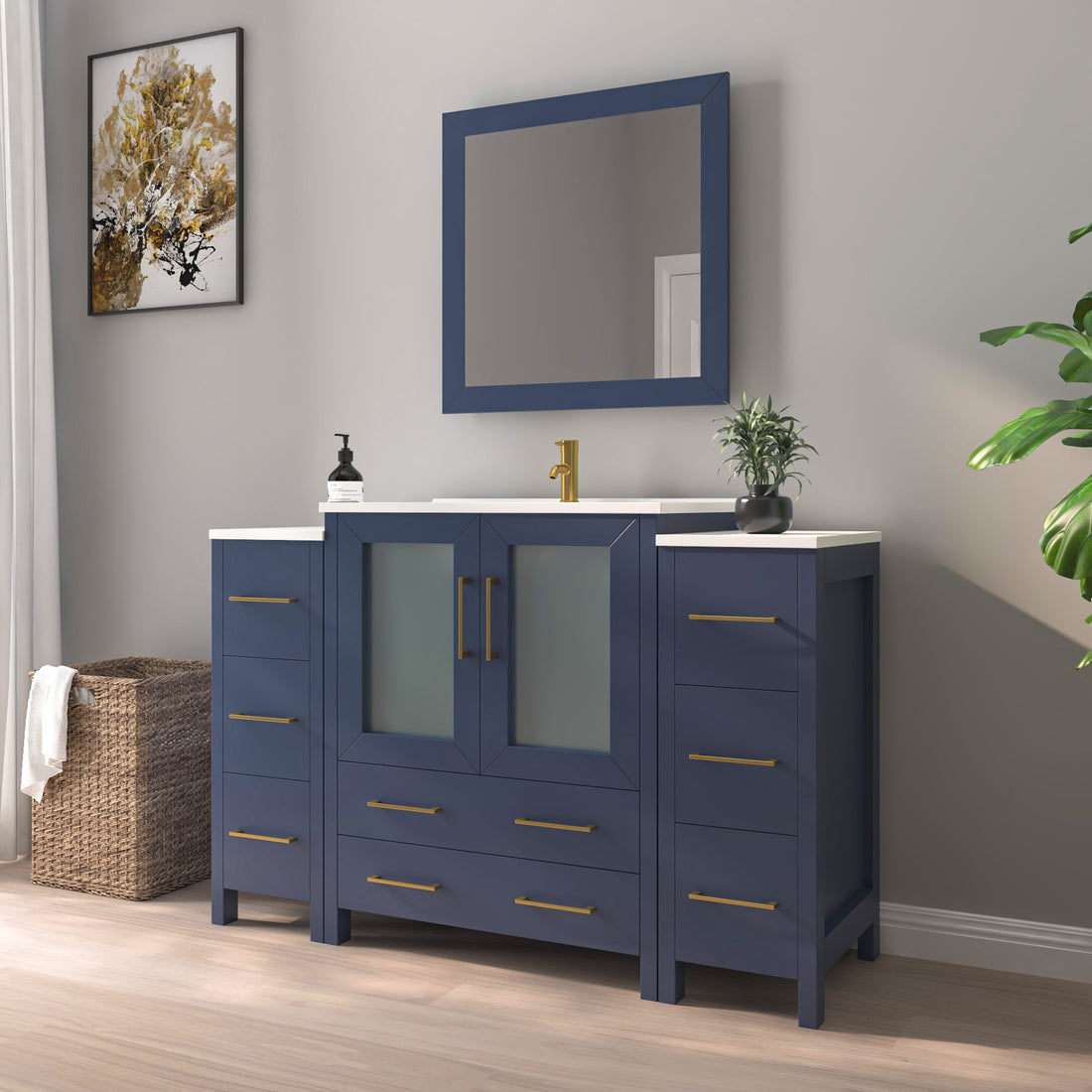 VanityArt 54-inch navy blue single-sink bathroom vanity with dual side towers, gold hardware, white countertop, and wall mirror