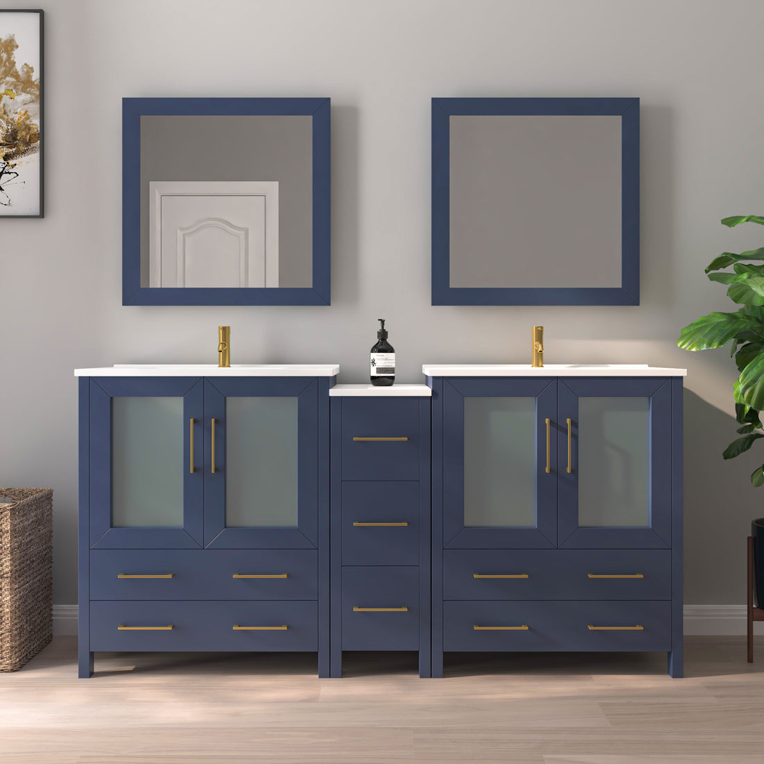 VanityArt 72-inch navy blue double-sink bathroom vanity with center tower cabinet, two mirrors, and brushed gold faucets, front view