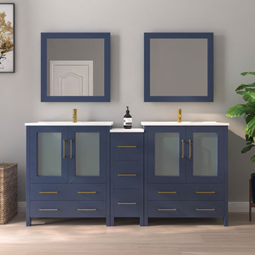 VanityArt 72-inch navy blue double-sink bathroom vanity with center tower cabinet, two mirrors, and brushed gold faucets, front view
