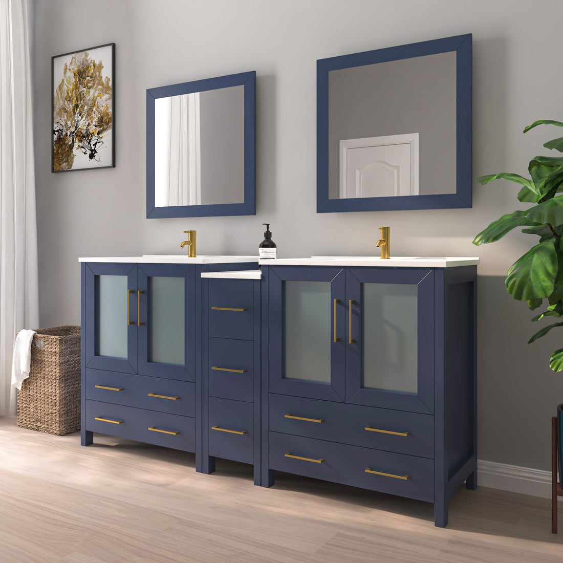 VanityArt 72-inch navy blue double-sink bathroom vanity with center tower cabinet, two mirrors, and brushed gold faucets, front view
