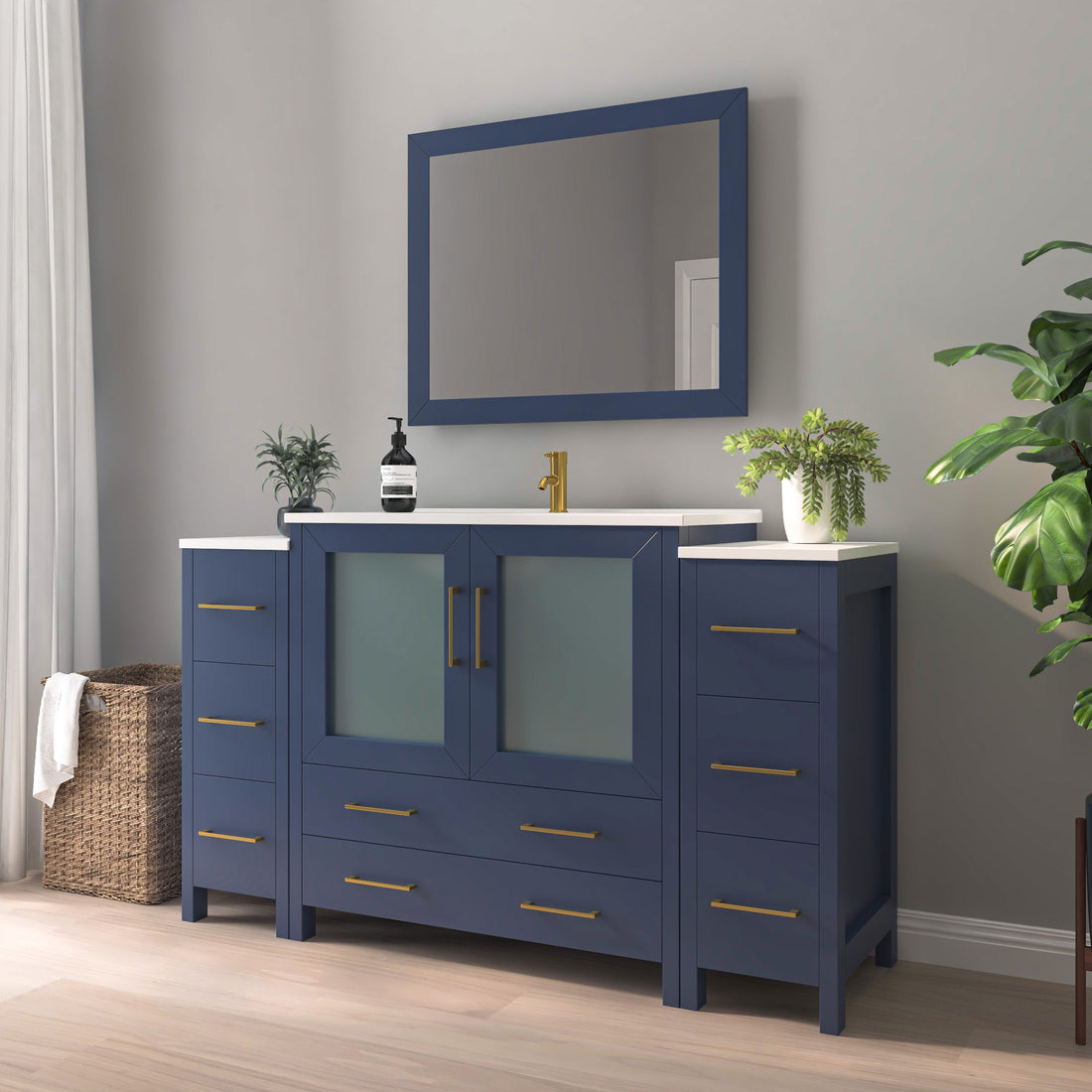 VanityArt 60-inch navy blue single sink vanity with two side storage towers, frosted glass panels, and framed mirror