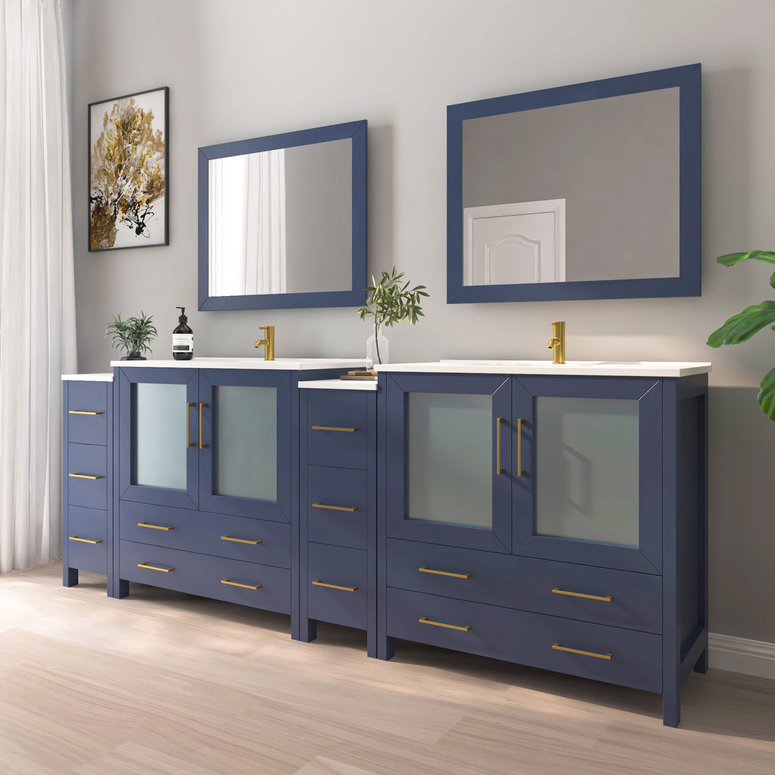 VanityArt 96-inch navy blue double sink bathroom vanity with side and center storage columns, frosted glass doors, mirrors