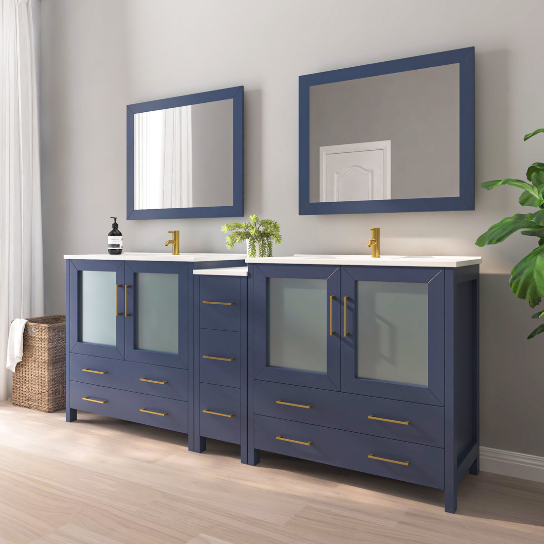 VanityArt 84-inch navy blue double sink bathroom vanity with center column of drawers, frosted glass doors, and mirrors