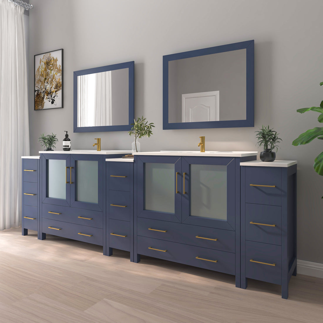 VanityArt 108-inch navy blue double sink bathroom vanity with three storage sections, frosted glass cabinets, and mirrors