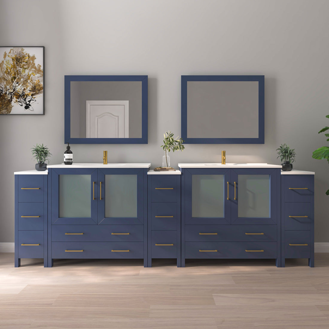 VanityArt 108-inch navy blue double sink bathroom vanity with three storage sections, frosted glass cabinets, and mirrors