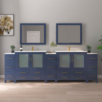 VanityArt 108-inch navy blue double sink bathroom vanity with three storage sections, frosted glass cabinets, and mirrors