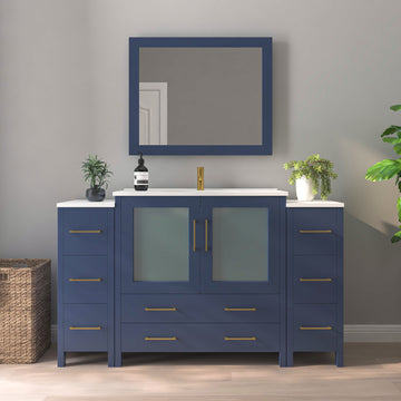 VanityArt 60-inch navy blue single sink vanity with two side storage towers, frosted glass panels, and framed mirror