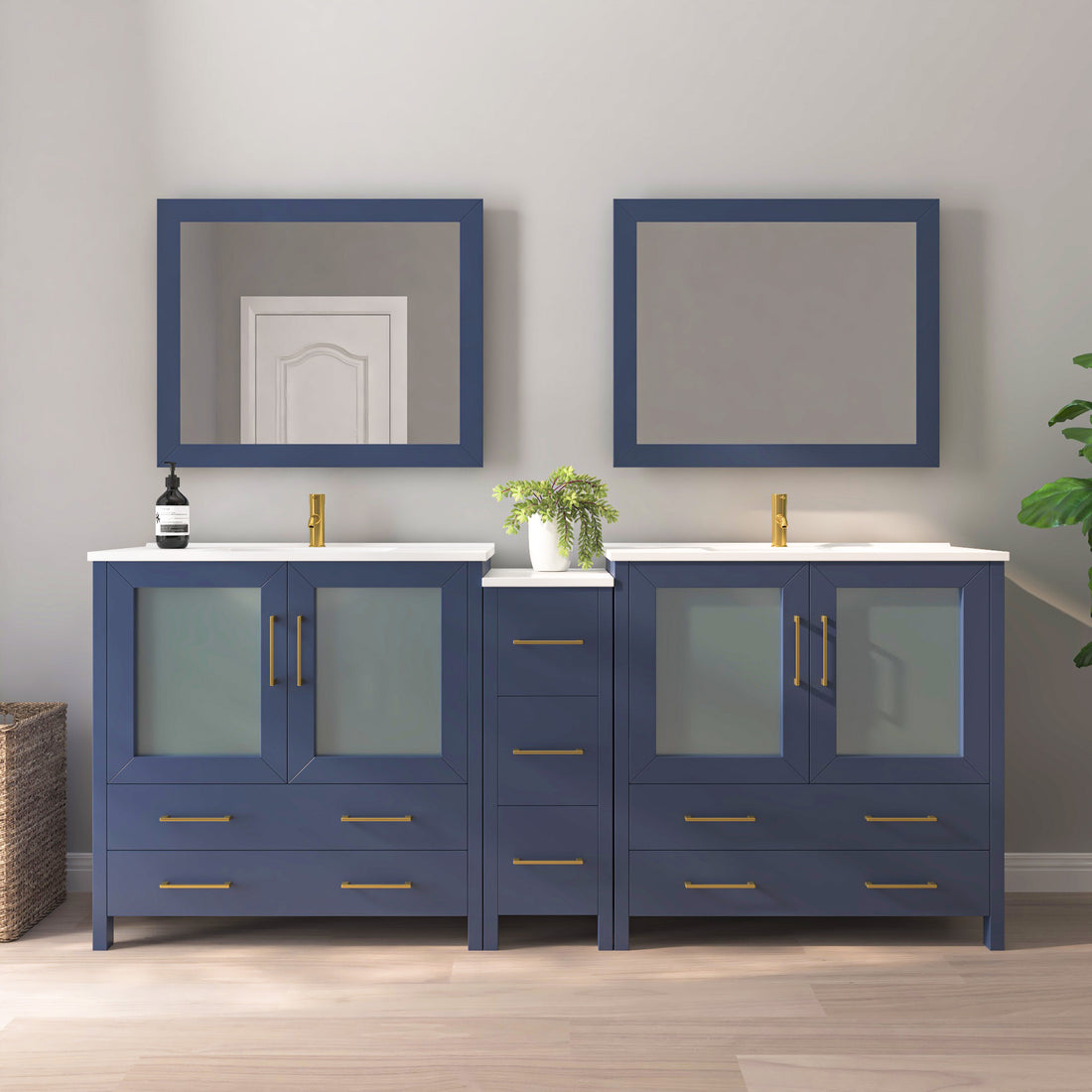 VanityArt 84-inch navy blue double sink bathroom vanity with center column of drawers, frosted glass doors, and mirrors