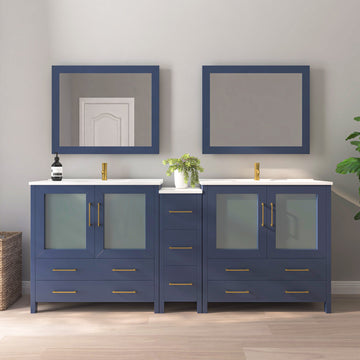VanityArt 84-inch navy blue double sink bathroom vanity with center column of drawers, frosted glass doors, and mirrors