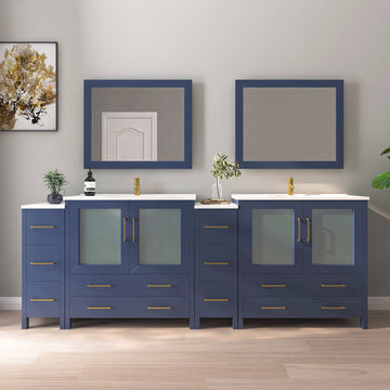 VanityArt 96-inch navy blue double sink bathroom vanity with side and center storage columns, frosted glass doors, mirrors