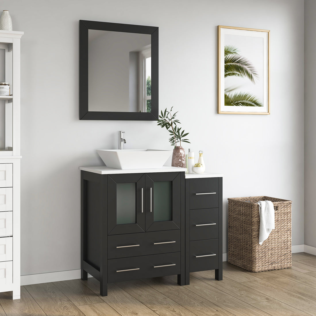 VanityArt 36-inch espresso bathroom vanity with side cabinet, chrome faucet, vessel sink, and framed mirror staged view