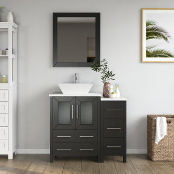 VanityArt 36-inch espresso bathroom vanity with side cabinet, chrome faucet, vessel sink, and framed mirror staged view
