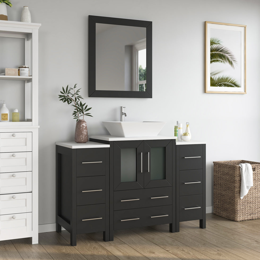 VanityArt 48-inch espresso double-side-cabinet bathroom vanity with vessel sink, chrome faucet, and wall mirror