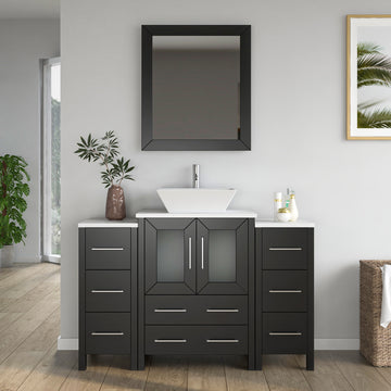 VanityArt 48-inch espresso double-side-cabinet bathroom vanity with vessel sink, chrome faucet, and wall mirror